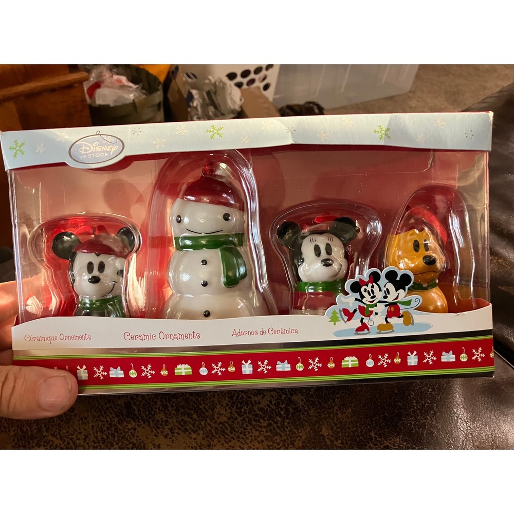 Disney Store Ceramic Christmas Ornament Set Mickey Minnie Pluto Snowman 4 Pack